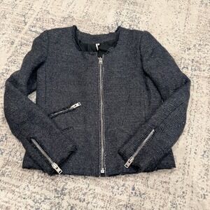 IRO Paris Metallic Wool Blend Frayed Moto Jacket Charcoal Silver Size 1